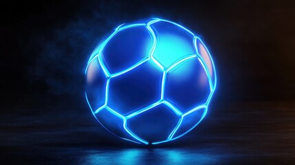 Naklejka premium A captivating blue neon soccer ball glowing against a dark backdrop, radiating energy and excitement.