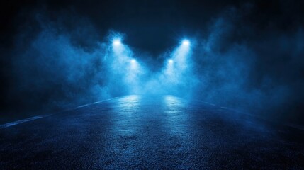 Fototapeta premium A moody, atmospheric scene featuring a dark road illuminated by blue fog and lights.