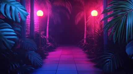 Fototapeta premium A vibrant neon-lit tropical walkway flanked by lush palm leaves and glowing lamps in pink and purple light.