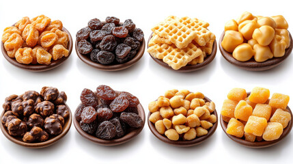Obraz premium Delicious assortment of nuts and dried fruits in bowls, showcasing variety of textures and colors. Perfect for snacking or adding to recipes