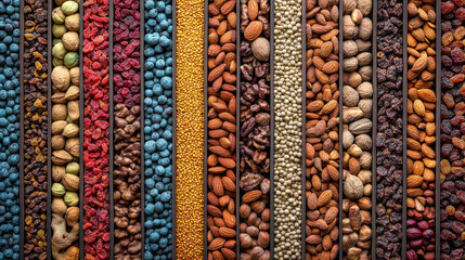 vibrant assortment of nuts and dried fruits arranged in colorful rows, showcasing variety of textures and colors. This visually appealing display is perfect for healthy snacking