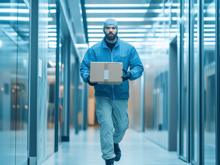 A courier delivering a package to a modern corporate office.