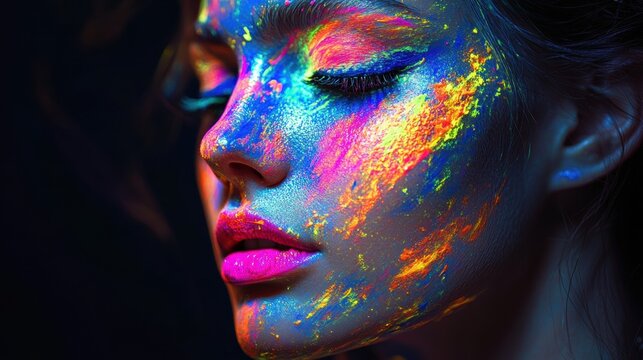A close-up portrait of a young Caucasian woman with vibrant neon face paint, showcasing bold colors and artistic expression.
