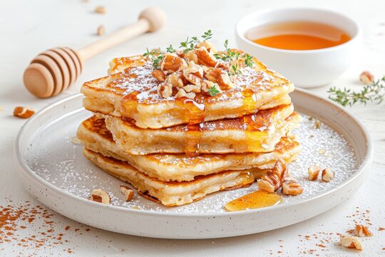 Delicious pancakes drizzled with honey, topped with nuts and herbs, perfect for breakfast or brunch enjoyment.