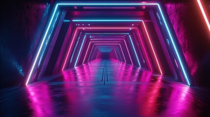 Fototapeta premium A futuristic corridor illuminated with vibrant neon lights in pink and blue, creating a stunning visual depth.