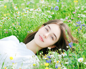 A woman is laying in a field of flowers, smiling and looking at the camera