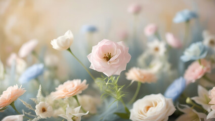 Obraz premium Background with soft flowers such as roses, lilies and other flowers in pastel colors.