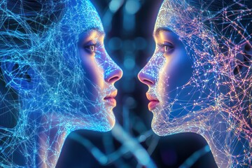 Interconnected blue digital profiles facing each other.