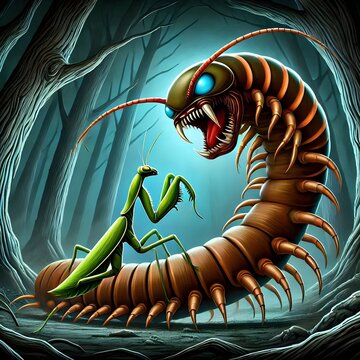 A millipede with a poisonous tail that is angry and fighting with a praying mantis that is very hungry, the background is in a dark forest and the atmosphere is scary
