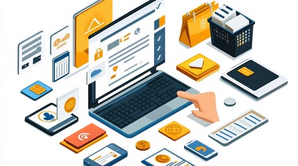Isometric illustration of online shopping and financial transactions, showcasing various digital elements such as a laptop, mobile devices, credit cards, and payment icons.