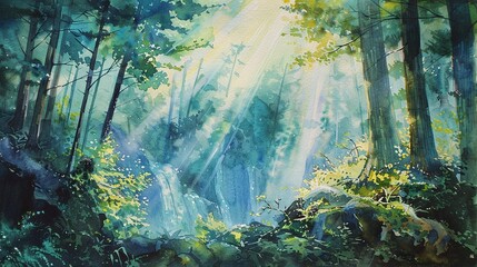 Obraz premium A tranquil forest scene with cascading waterfalls and sunlight streaming through the trees.
