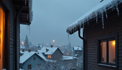 Fototapeta premium Cozy winter evening with snow-covered houses and icicles from a window view