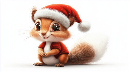 Fototapeta premium Cartoon Squirrel with Santa Hat - Perfect for Christmas Cards and Festive Designs