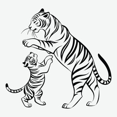 Obraz premium two-tiger-calf playing silhouette illustration and artwork