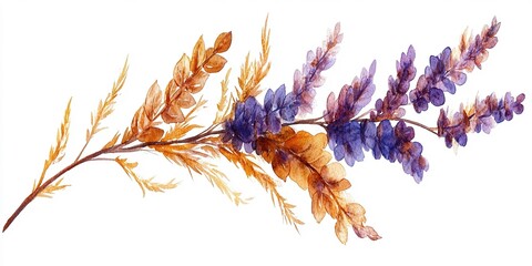 Obraz premium Beautiful watercolor arrangement of purple and orange flowers with delicate leaves over a white background