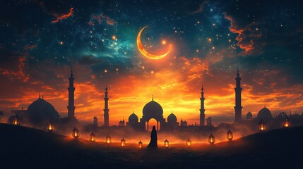 Obraz premium Silhouette of person praying at sunset with mosque and crescent moon.