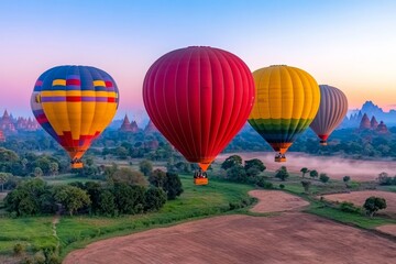 Obraz premium A serene photo of hot air balloons rising over a misty valley, their dynamic ascent set against a golden sunrise