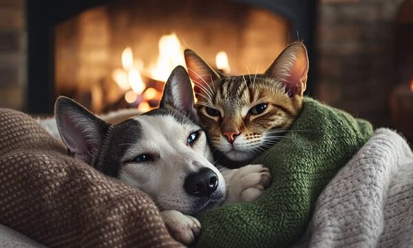 A cozy dog and cat snuggling by a warm fireplace.