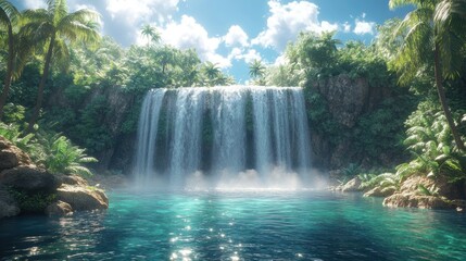 Fototapeta premium Lush tropical waterfall cascading into a vibrant turquoise pool, surrounded by vibrant green foliage under a bright sunny sky.