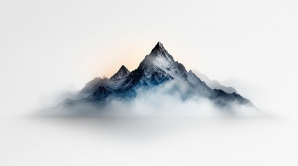 Minimalist snow-capped mountain silhouette in gray tones, peaceful abstract nature design, calming ink drawing on white canvas, ultra-realistic, photo-realistic, highly detailed, 
