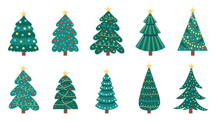 Obraz premium Collection of beautiful Christmas trees with garlands and a star. Vector illustration, simple flat concept design for holiday banner, poster, greeting card 