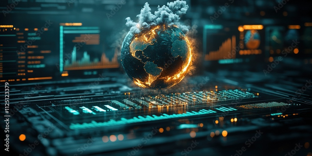 Poster digital representation of a burning globe surrounded by data and technology elements