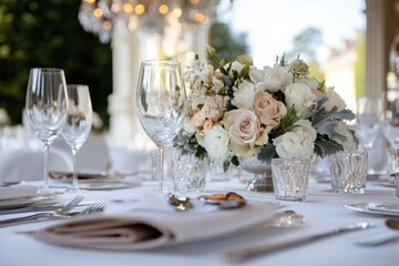 Fototapeta premium A stunning table arrangement featuring glassware and a fresh floral centerpiece, set against the backdrop of a bright outdoor setting, perfect for elegant gatherings.