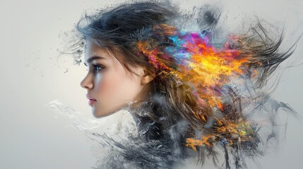 A surreal portrait of a young woman with an introspective expression, layered with swirling colors and abstract forms, symbolizing her emotional depth and contemplation, enhanced by soft light 