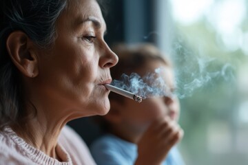 Fototapeta premium A thoughtful scene depicting an older woman smoking a cigarette, with smoke lingering in the air while a child watches closely, highlighting generational contrasts and reflections.