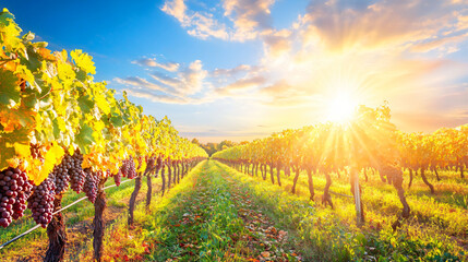 Fototapeta premium Golden autumn vineyard with rows of vines and harvest-ready grapes under a bright blue sky