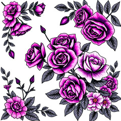 Beautiful romantic flower collection with roses, leaves, floral bouquets, flower compositions