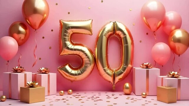 A pink and gold 50th birthday anniversary celebration with balloons and confetti	
