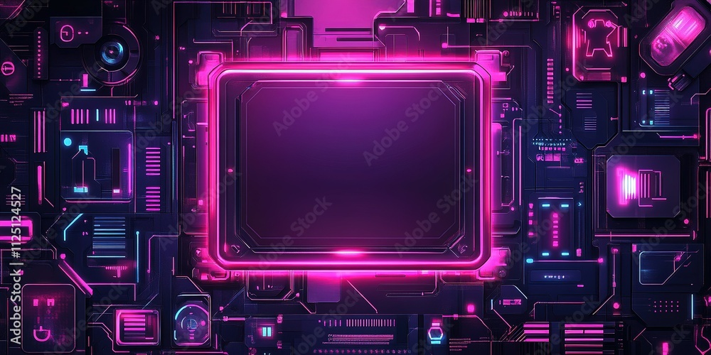 Poster futuristic digital interface with vibrant neon lights and circuit patterns creating a high-tech atmo
