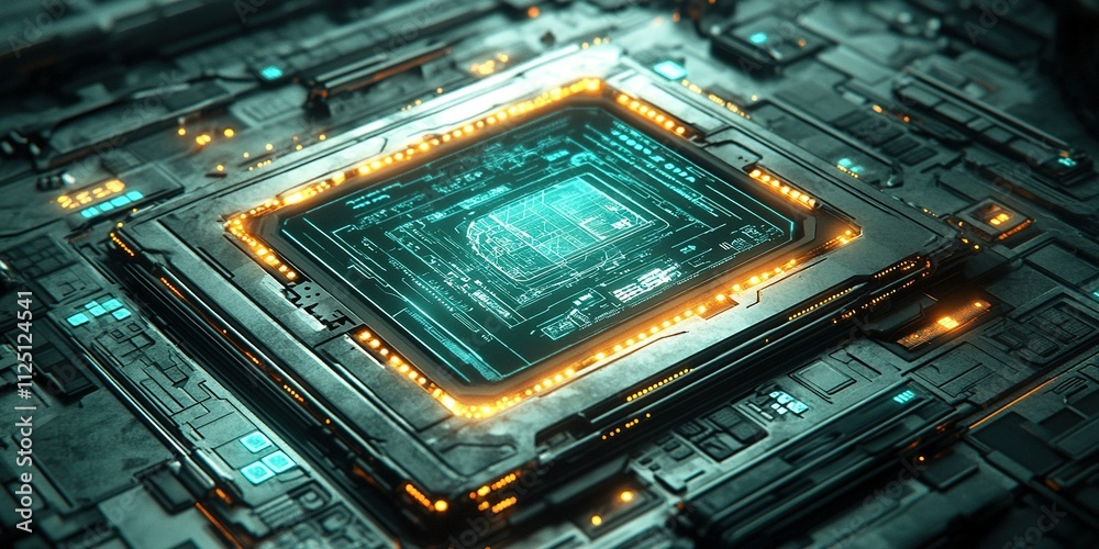 Poster futuristic microprocessor design with glowing elements and intricate circuitry in a high-tech enviro