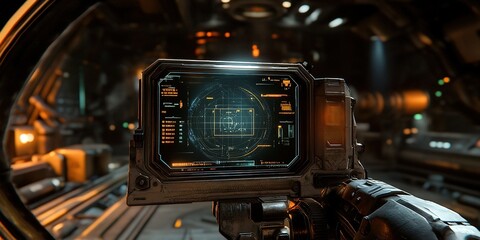 Fototapeta premium Futuristic control console displaying mission data in a high-tech environment during a space exploration mission