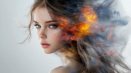 Fototapeta premium Thoughtful young woman’s portrait with a double exposure effect, her introspective expression overlaid with a swirling vortex of color, evoking emotional depth and surreal beauty in fine detail. 