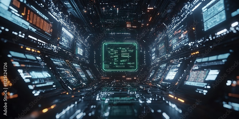 Poster digital corridor with glowing screens and a central processor in a futuristic tech environment