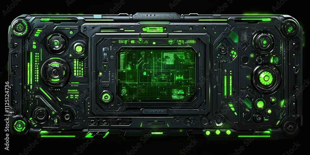 Poster futuristic device with glowing green elements and intricate detailing in a dark setting