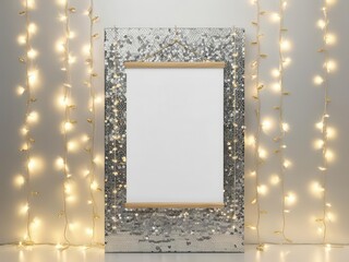 Elegant blank frame surrounded by beautiful fairy lights, perfect for showcasing art or personal memories.