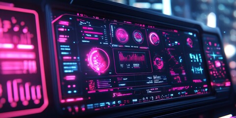Fototapeta premium Digital dashboard with vibrant neon graphics and data displays in a futuristic setting at night