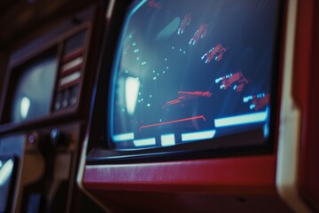 A vibrant and nostalgic display captures a retro TV set with an engaging shooter game. Players battle against a swarm of colorful aliens achieving victory in this thrilling arcade challenge.