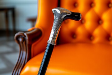 A striking ebony walking cane with a silver handle, resting against a vintage armchair