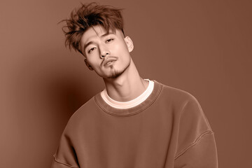 Fototapeta premium Stylish Asian man with mocha mousse brown hair in casual attire against cacao backdrop. Modern trendy tone hue shade