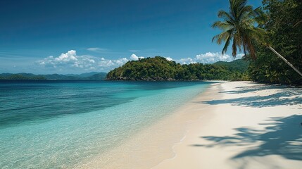 Fototapeta premium Paradise beach with white sand, blue sky, palm trees, and crystal-clear water. Concept of vacation, travel, and tropical destinations