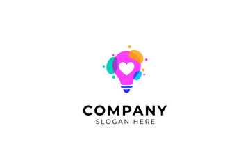 love light bulb logo idea with light bulb concept and love heart design. Universal idea thinking bulb logo. Modern colorful flat concept