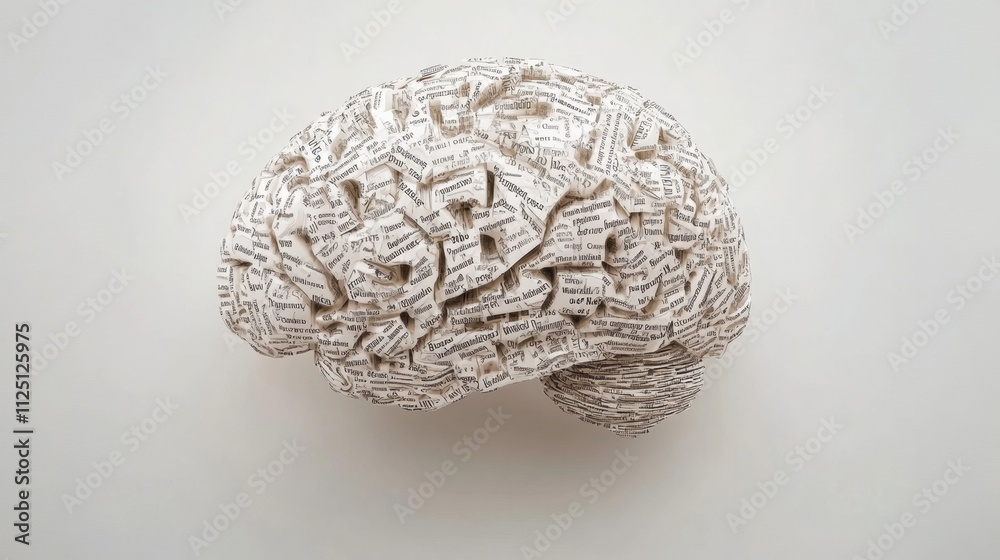 Fototapete An intricate brain shape composed of assorted words and phrases highlights the concept of knowledge and creativity, with space for additional text. Generative AI