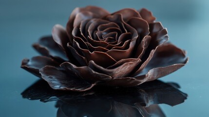Fototapeta premium A chocolate rose on a reflective glass surface, detailed petals and a seamless backdrop