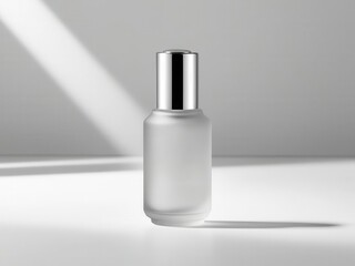 Elegant frosted glass bottle with a silver cap, set against a soft light background, ideal for product showcasing.
