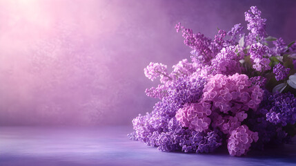 un fondo morado con espacio de copia con un ramo de flores delicadas y detalladas color lila o morado para boda o celebracion para tarjeta decorativa