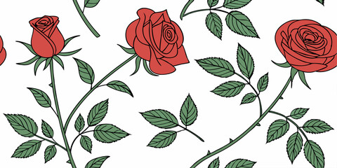 A seamless vector pattern of red roses with green leaves.